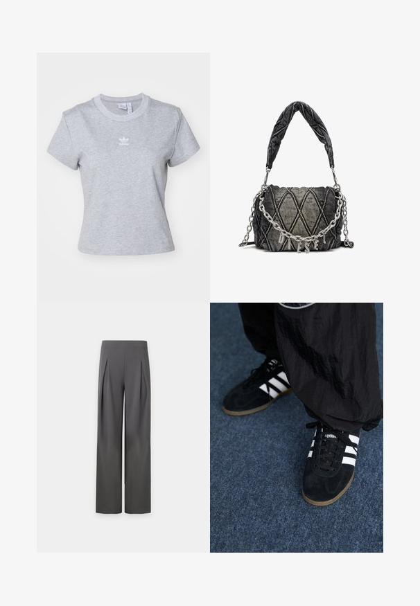 adidas Originals ESS SLIM TEE - T-paita - medium grey heather; Tummanharmaat, korkeavyötäröiset leveälahkeiset housut, joissa on edessä laskokset vyötäröltä reiden puoliväliin neutraalilla taustalla.; Musta samettiset urheilukengät, joissa on kolme valkoista raitaa ja mustat nauhat. Teksturoitu musta housu on osittain näkyvissä kenkien vieressä.; Tumman harmaan värinen quiltattu farkkukassi, jossa on punottu yläkahva ja hopeinen ketjuhihna, varustettuna "DIESEL"-metallikoristeilla.
