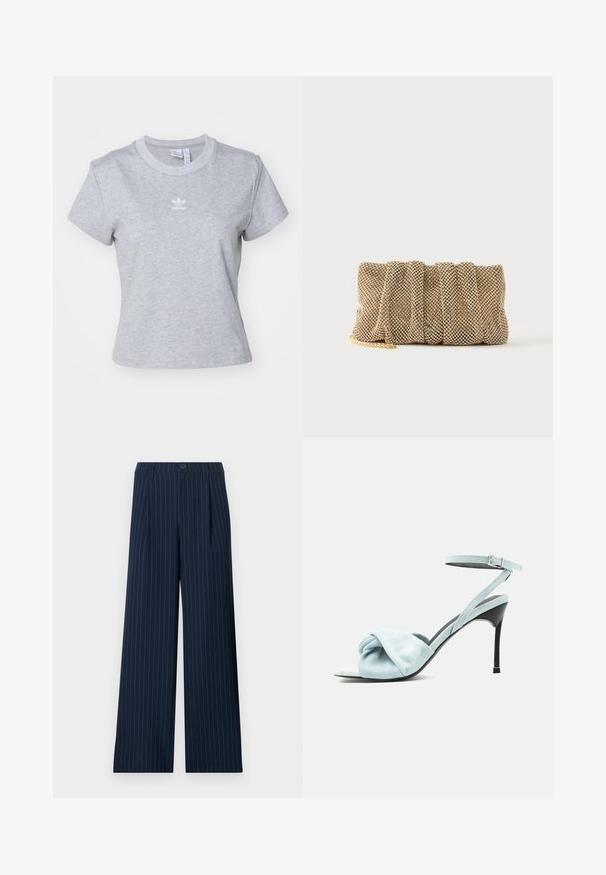 adidas Originals ESS SLIM TEE - T-paita - medium grey heather; Laivastonsiniset pystyraidalliset leveälahkeiset housut, joissa vyönlenkit, etunappi ja laskokset, esitettynä tasaisena valkoista taustaa vasten.; Vaaleansininen mokkanahkainen korkokengäsandaali, jossa on solmittu edessä oleva remmi ja ohut nilkkaremi soljella, mustalla piikkikorkokengällä.; Pieni kultainen verkkoklipsilaukku ryppyisellä designilla ja osittain näkyvällä kultaisella ketjuhihnalla yksinkertaisella valkoisella taustalla.