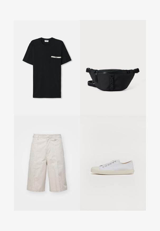 T-shirt en coton noir à manches courtes, col rond, avec une poche gauche ornée d'une bande blanche et d'un détail logo.; Shorts en coton beige avec une coupe droite, longueur genoux, dotés de deux poches frontales et de plis subtils pour une texture supplémentaire.; Baskets en toile blanches avec bout rond, semelle plate en caoutchouc crème, six oeillets pour les lacets et détails de couture subtils sur la tige.; Sac banane noir Moschino avec fermeture éclair frontale et sangle ajustable sur un fond uni clair.