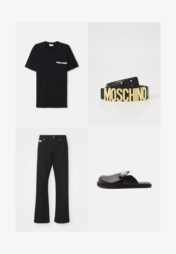 Sort bomulds T-shirt med korte ærmer, rund halsudskæring og en venstre lomme med en hvid stribe og logo detalje.; Svarte bomuldsbukser med lige ben-design, der har en frontknaplukning, to sidelommer og et lille mærke på linningen.; Sort læderslip-on sko med en tyk sål og en bred rem med guldfarvede "NO" bogstaver tværs over toppen.; Sorte læderbælte med en krokodilletekstur og et stort guld "MOSCHINO" logo som spænde. Har flere justeringshuller.