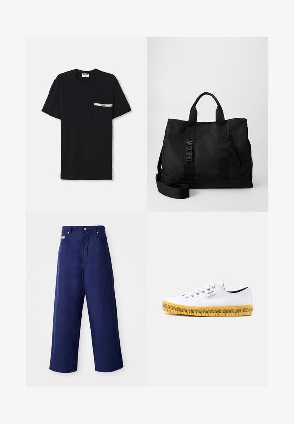 T-shirt en coton noir à manches courtes, col rond, avec une poche gauche ornée d'une bande blanche et d'un détail logo.; Pantalons à jambe large en bleu marine, fabriqués à partir d'un tissu doux. Dotés d'une fermeture à bouton et de poches avant, avec une finition soignée et sans motifs visibles.; Baskets basses en toile blanche avec lacets blancs et semelle jaune, conçues pour ressembler à un ruban à mesurer avec des repères de taille.; Sac fourre-tout en nylon noir avec double anses supérieures, bandoulière réglable et détails de logo gaufré. Texture lisse avec une étiquette attachée.