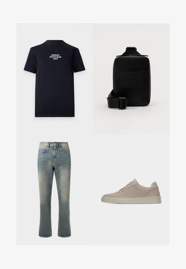 Musta puuvillapaita, jossa on pyöreä pääntie ja lyhyet hihat. Keskellä on valkoisella brodeerattuna teksti "ARMANI EXCHANGE 1991".; Vaaleansiniset farkut suoran lahkeen ja keskikorkean vyötärön kanssa, joissa on hieno kulutus. Varustettu klassisilla taskutyyleillä ja kontrastivärisilläommeltuilla.; Beiget mokkanahkaiset lenkkarit, joissa on teksturoidu pintaviimeistely, pyöreä kärki ja sävyyn sopivat nauhat. Pohja on paksua kumia ja kantapäässä on hillitty logomerkintä.; Mustan nahkainen olkalaukku teksturoidulla pinnalla, vetoketjusuljenta, etutasku, jossa on kohokuvioitu logo, säädettävä hihna, jossa on merkin nimi.