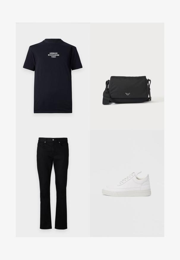 Zwarte katoenen t-shirt met een ronde halslijn en korte mouwen. Witte geborduurde tekst met "ARMANI EXCHANGE 1991" in het midden.; Zwarte denim jeans met een rechte pijp, met een middelhoge taille, vijf zakken en metalen hardware accentueert. Soepele textuur.; Witte leren sneaker met een afgeronde neus, platte zool en veters aan de voorkant. Voorzien van stikseldetails en een gevoerde kraag voor comfort.; Zwarte crossbodytas met verstelbare band en klein zilverkleurig logo-embleem op de voorflap, afgebeeld op een effen lichte achtergrond.