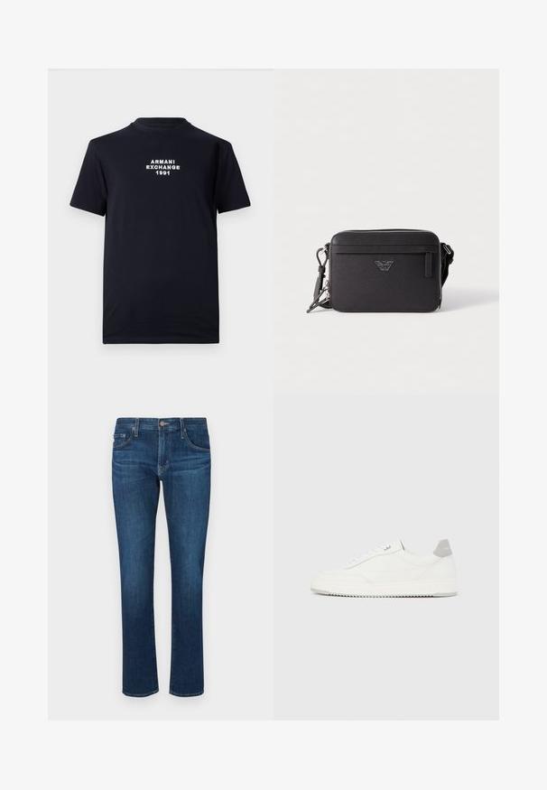 Sort bomulds T-shirt med rund halsudskæring og korte ærmer. Hvid broderet tekst med "ARMANI EXCHANGE 1991" står centralt.; Mørkeblå denimjeans med lige ben-design, klassisk fem-lomme stil og en knaplukning i taljen. Glat tekstur.; Hvid lavtop-sneaker med gråt hælflig, hvide snørebånd og tekstureret sål, vist på en ensfarvet lys baggrund.; Sort tekstil crossover-taske med lynlåslukning, der har en frontlomme, logo-detalje og justerbar rem. Tekstureret overflade, rektangulær form.