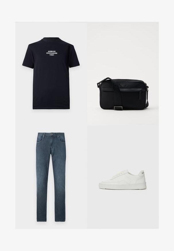 Zwarte katoenen t-shirt met een ronde halslijn en korte mouwen. Witte geborduurde tekst met "ARMANI EXCHANGE 1991" in het midden.; Donkere blauwe spijkerbroek met een rechte pijp, vijf zakken, knoopsluiting aan de voorkant en subtiele stikseldetails.; Witte leren sneaker met een gladde afwerking, ronde neus, platte veters en een gestructureerde zool. Kenmerkt zich door een subtiel logo op de hiel.; Zwarte nylon schoudertas met een contrasterende schouderband, een slank rechthoekig ontwerp, een logo-detail en een ritszak aan de voorkant.