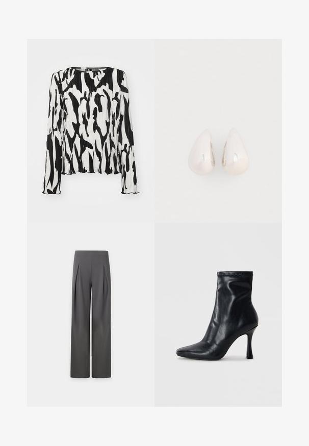 Haut plissé noir et blanc à manches longues, décolleté rond et motif abstrait. Fabriqué en tissu léger avec une finition texturée.; Pantalon large taille haute gris foncé avec plis à l'avant s'étendant de la taille jusqu'au milieu de la cuisse sur un fond neutre.; Bottine noire en cuir avec un bout pointu, une silhouette ajustée et un haut talon aiguille. Texture lisse et peu de détails de couture.; Boucles d'oreilles en métal argenté en forme de goutte, avec une surface lisse et réfléchissante, présentant un design sans couture et sans embellissements visibles.