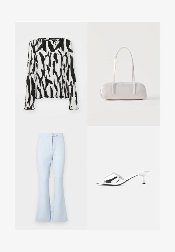 Haut plissé noir et blanc à manches longues, décolleté rond et motif abstrait. Fabriqué en tissu léger avec une finition texturée.; Pantalon évasé bleu clair en tissu lisse. Dispose d'une taille avec passants de ceinture, de deux poches avant et d'une finition soignée au niveau des chevilles.; Sandale argentée à bout ouvert, mule avec petit talon kitten et finition métallique brillante sur fond neutre.; Sac d'épaule rectangulaire blanc avec des bretelles longues et fines, couture minimale, et fermeture éclair sur un fond uni.