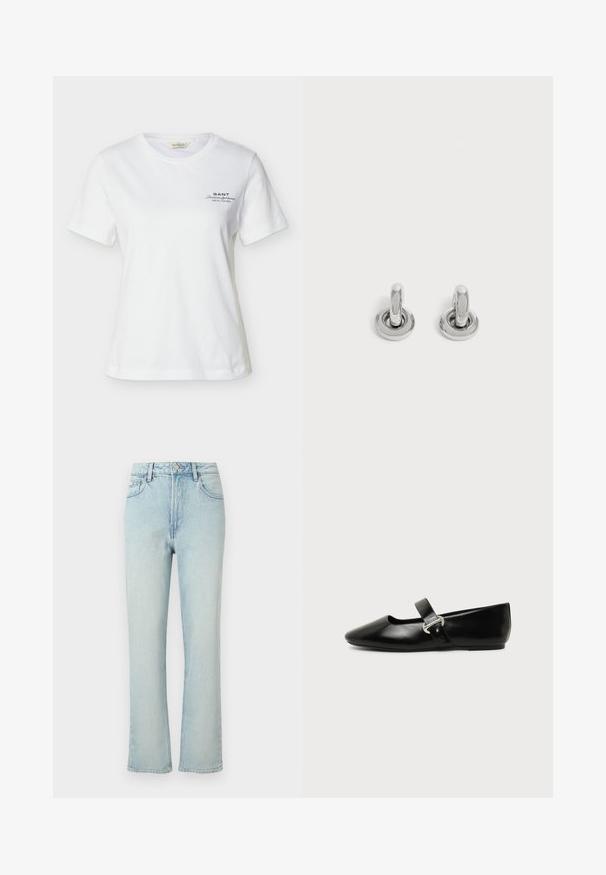 T-shirt blanc à manches courtes et col rond avec un petit texte noir "GANT American Sportswear New Haven" sur le côté gauche de la poitrine.; Jean bleu clair taille haute à jambes droites avec bouton avant, passants de ceinture et design classique à cinq poches sur fond uni.; Chaussure plate Mary Jane en cuir noir avec bout arrondi et bride à boucle argentée sur fond uni.; Paire de petites boucles d'oreilles créoles argentées brillantes avec une base ronde, présentées sur un fond clair uni.