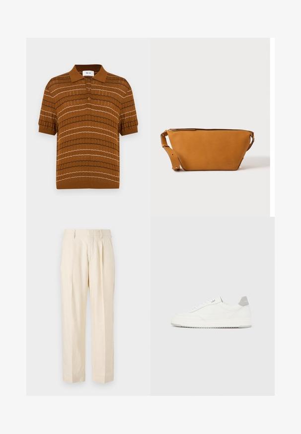 Polo en maille marron avec un motif de rayures horizontales alternées en crème et marron foncé, doté d'un col classique et d'une fermeture à trois boutons.; NN.07 KAY - Pantalon classique - off white; Baskets basses blanches avec un onglet de talon gris, des lacets blancs et une semelle texturée, présentées sur un fond uni clair.; Sac bandoulière en cuir marron clair avec sangle réglable et fermeture éclair, présenté sur un fond clair uni.