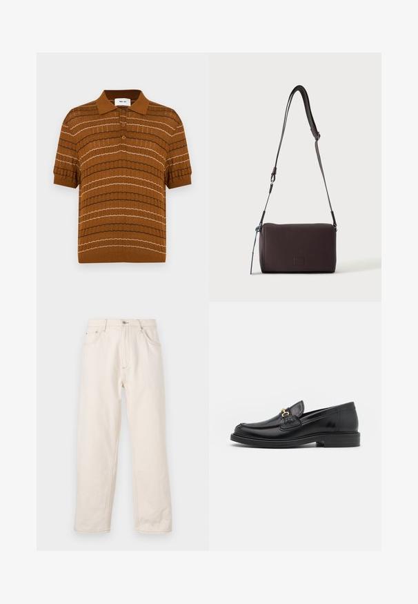 Polo en maille marron avec un motif de rayures horizontales alternées en crème et marron foncé, doté d'un col classique et d'une fermeture à trois boutons.; Jean droit beige en denim, avec une fermeture à boutons, cinq poches et des détails de couture visibles. Texture lisse.; Mocassins en cuir noir avec un embout rond, présentant des accents en métal doré et des détails de couture, montés sur une semelle en caoutchouc texturé et basse.; Sac bandoulière en cuir marron foncé texturé avec une sangle réglable et un petit accent décoratif bleu sur le côté.