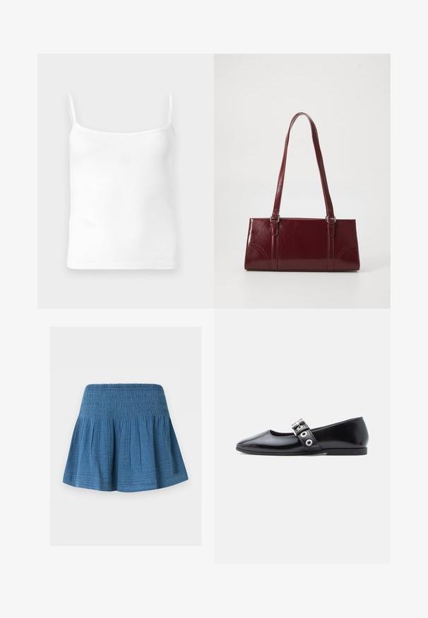 Top de tirantes finos blanco con canalé, escote redondeado y forma ajustada, hecho de una suave mezcla de algodón.; Falda azul hasta la rodilla con cintura fruncida y tela recogida para una silueta acampanada, mostrada sobre un fondo blanco liso.; Zapato plano de charol negro con puntera cuadrada, detalle de hebilla lateral y tacón bajo y redondeado. Textura suave y diseño minimalista.; Bolso burdeos hecho de material brillante, de forma rectangular, con dos asas para el hombro y sutiles acentos curvados en la parte frontal.