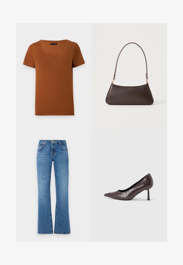 T-shirt en coton marron à manches courtes et col en V, avec un ourlet droit et une texture lisse, présenté sur un fond blanc uni.; Jeans en denim bleu clair avec un design à jambe évasée, comprenant cinq poches, une fermeture à bouton et à glissière, et de subtils motifs de délavage.; Escarpins à bout pointu en similicuir marron avec une texture crocodile, dotés d’un talon fin et angulaire ainsi que d’une doublure intérieure lisse.; Sac à main en cuir marron foncé avec une fermeture éclair incurvée en haut et une fine bandoulière avec des fermoirs dorés sur un fond uni.