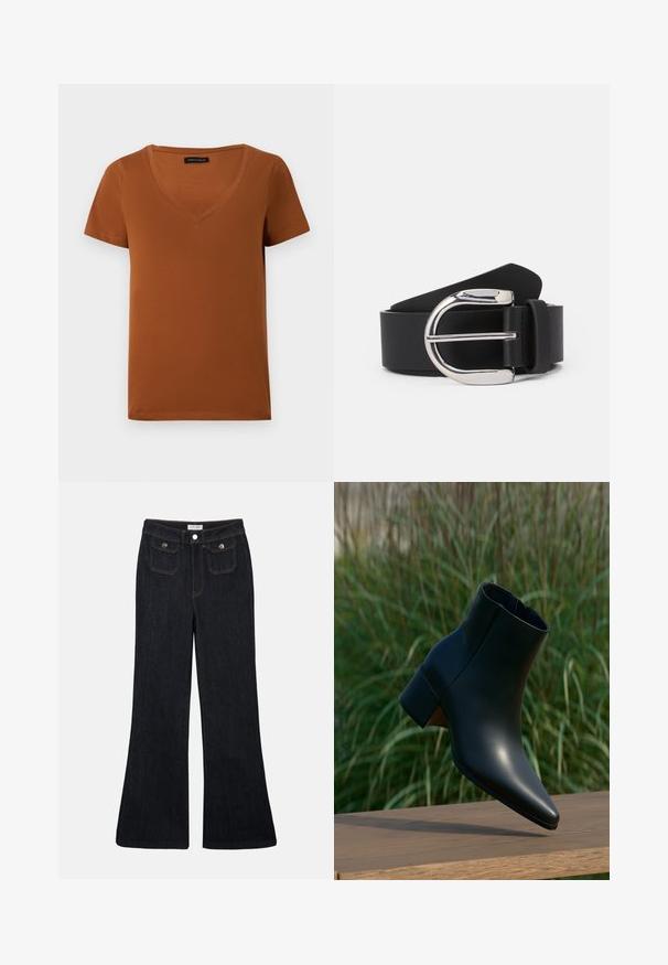 T-shirt en coton marron à manches courtes et col en V, avec un ourlet droit et une texture lisse, présenté sur un fond blanc uni.; Jeans en denim foncé évasés avec une taille haute, deux poches avant et des coutures orange. Le matériau semble robuste et lisse.; Bottine noire en cuir avec talon bloc, bout pointu, présentée au-dessus d'une surface en bois avec un fond flou d'herbe verte.; Ceinture en cuir noir avec une boucle en métal argenté, présentant une texture lisse et un design classique. La sangle mesure 3,8 cm de large.