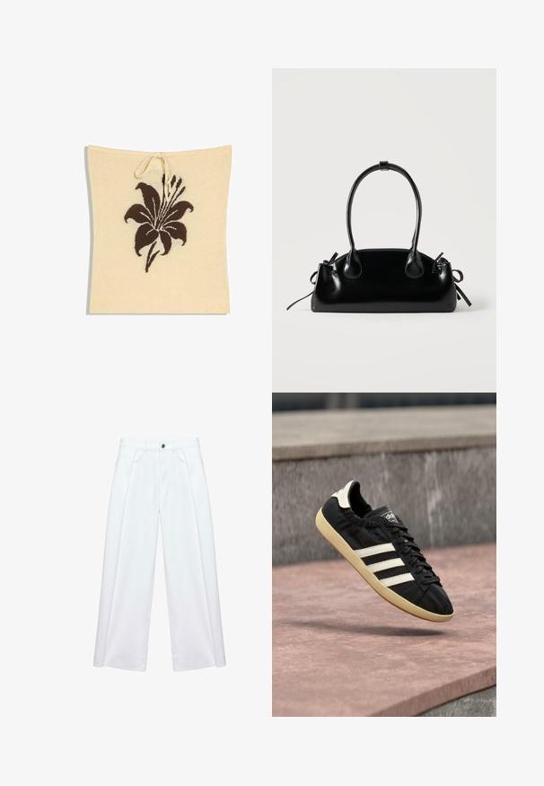 Top tube beige en tricot avec un grand motif floral marron foncé au centre et un cordon à nouer sur le bord supérieur.; Pantalon blanc à jambes larges avec plis devant, passants de ceinture, poches latérales et fermeture par bouton et zip.; Baskets Adidas noires avec des bandes blanches et une semelle beige, capturées en plein air au-dessus d'une surface en pierre et d'un mur en pierre en arrière-plan.; Petit sac à main noir brillant avec deux longues anses et des détails à cordon sur les côtés sur un fond clair uni.
