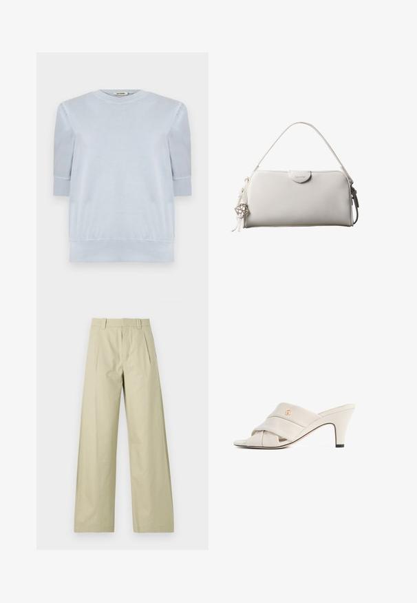 Pull-over léger bleu en tissu doux, avec des manches courtes, un col rond et des poignets et un ourlet côtelés. Texture lisse dans l'ensemble.; Pantalons larges en coton beige clair, présentant un devant plat avec des plis, des passants de ceinture et des ourlets à revers. Texture lisse et design décontracté.; Mules à talons hauts beiges avec un design de bride en cuir torsadé, bout ouvert et motif de logo en relief. Le talon présente un détail d'embout noir.; Sac à main rectangulaire blanc Calvin Klein avec une seule poignée, design minimaliste et pampilles décoratives avec un charm métallique géométrique sur le côté.