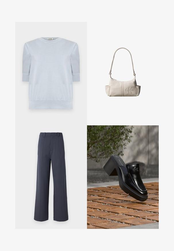 Pull-over léger bleu en tissu doux, avec des manches courtes, un col rond et des poignets et un ourlet côtelés. Texture lisse dans l'ensemble.; Pantalons évasés en tissu gris foncé. Les caractéristiques incluent une taille haute, des plis avant et une texture lisse avec passants de ceinture.; Mule slip-on en cuir noir Calvin Klein avec talon bloc reposant sur des carreaux en bois à l'extérieur près d'une plante verte et d'un mur gris.; Petit sac à bandoulière en cuir beige avec une sangle ajustable et un logo Calvin Klein embossé au centre avant.