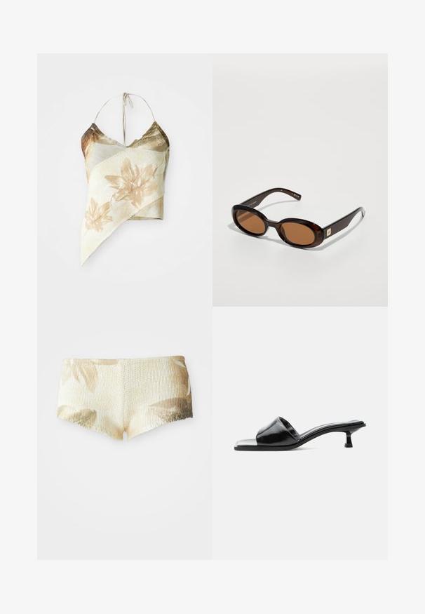 Crop top à imprimé floral asymétrique dans des tons beiges et olives atténués, doté d'une texture en maille, de liens autour du cou en halter et d'un design drapé.; Shorts tricotés en beige clair avec un motif floral. Dotés d'une surface texturée et d'un ourlet festonné. Tissu doux et léger.; Mule ouverte en cuir verni noir avec un petit talon kitten bas et une large bride sur les orteils, présentée en profil sur un fond uni.; Lunettes de soleil écaille de tortue marron avec des verres ovales, dotées d'une fine monture et d'un petit accent métallique sur le côté. Fini texturé et poli.