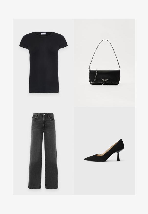 Schwarzes geripptes T-Shirt mit rundem Halsausschnitt und kurzen Ärmeln. Weicher Stoff mit figurbetonter Passform, ausgestattet mit einem Etikett am Hals.; Schwarze, hochtaillierte, gerade geschnittene Jeans aus Denim mit vorderem Knopf und Reißverschluss, zwei vorderen Taschen und zwei hinteren Taschen.; Schwarze Wildleder-Pumps mit hohem Absatz und spitzer Zehenform, ausgestattet mit einem glänzenden schwarzen Blockabsatz und einem glatten Innenfutter.; Schwarze Lederhandtasche mit einem silbernen Kettenriemen, verziert mit dekorativen Flügelakzenten und weißen Nähten entlang der unteren Naht.