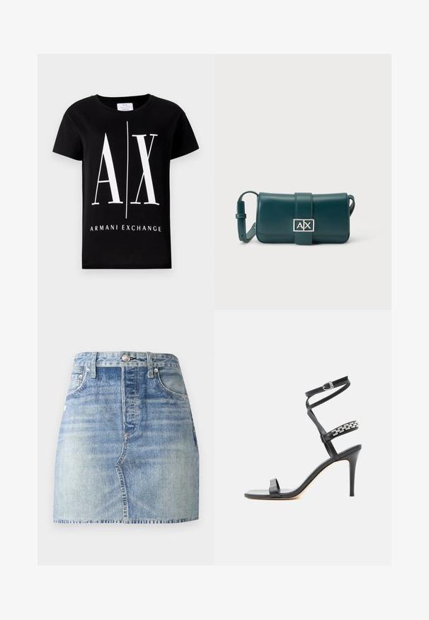 Schwarzes Baumwoll-T-Shirt mit einem großen weißen Logo "AX" und dem Schriftzug "ARMANI EXCHANGE". Klassischer Rundhalsausschnitt und kurze Ärmel.; Jeansrock in hellblauer Waschung, hoch tailliert mit figurbetontem Schnitt, ausgefranstem Saum und klassischem Fünf-Taschen-Stil. Silberne Beschläge.; Schwarze Sandalette mit hohem Absatz, schlankem Knöchelriemen, Mittelriemen verziert mit silbernen Kettengliedern und offenem Zehendesign.; Dunkelgrüne Leder-Umhängetasche mit verstellbarem Riemen und silberner Schnalle mit "AX" Logo auf der Vorderklappe.