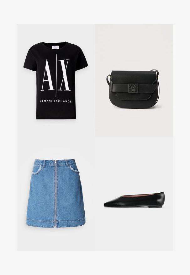 Schwarzes Baumwoll-T-Shirt mit einem großen weißen Logo "AX" und dem Schriftzug "ARMANI EXCHANGE". Klassischer Rundhalsausschnitt und kurze Ärmel.; Hellblauer Denim-Rock mit einem Frontreißverschluss, ausgefransten Taschenrändern und einem geraden Schnitt. Der Saum ist leicht geschwungen.; Schwarzer flacher Damenleder-Schuh mit spitzer Kappe und niedrigem Absatz, von der Seite auf einfarbigem hellgrauem Hintergrund gezeigt.; Schwarze Leder-Schultertasche mit Überschlagverschluss und geprägt geprägtem Armani Exchange-Logo auf der vorderen Schnalle, minimalistisches Design.