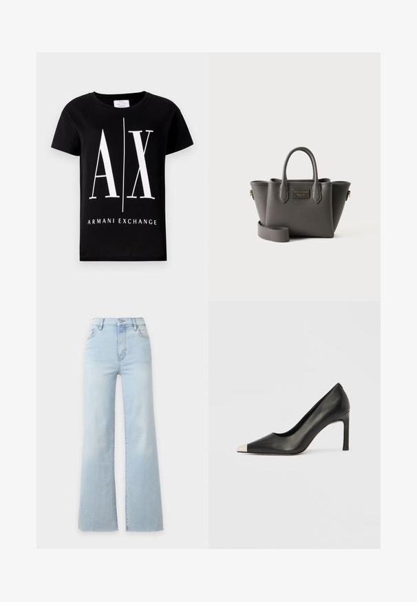 Schwarzes Baumwoll-T-Shirt mit einem großen weißen Logo "AX" und dem Schriftzug "ARMANI EXCHANGE". Klassischer Rundhalsausschnitt und kurze Ärmel.; Hellblaue, hoch taillierte Jeans mit weitem Bein, vorn mit Knopf- und Reißverschluss sowie vorderen Taschen, auf schlichtem Hintergrund präsentiert.; Schwarzer Lederschuh mit hohem Absatz, spitz zulaufender Zehenpartie und metallischer silberner Spitze. Verfügt über eine glatte Oberfläche und einen schlanken 10 cm hohen Absatz.; Dunkelgraue strukturierte Ledertasche mit zwei Griffen, einem Schulterriemen und einer kleinen goldfarbenen Logo-Plakette vorne.