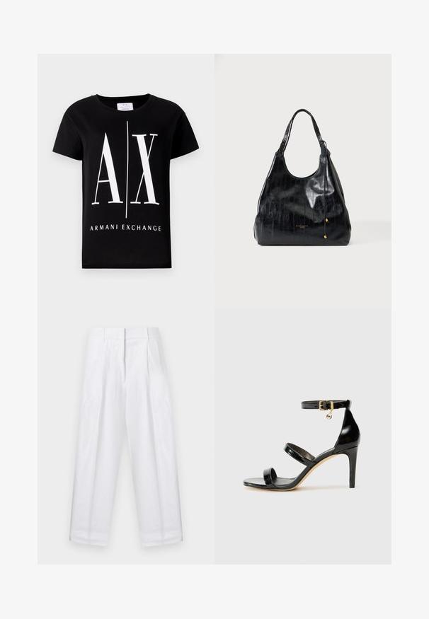 Musta puuvillapaita, jossa on suuri valkoinen logo "AX" ja "ARMANI EXCHANGE" -teksti. Klassinen pyöreä kaula-aukko ja lyhyet hihat.; Valkoiset korkeavyötäröiset housut, joissa on laskokset, vyölenkit ja piilovetoketju edessä, esitetty yksinkertaisella taustalla.; Musta patentoitu nahkasandaali, jossa on kolme hihnaa, nilkkasolki ja 4 tuuman stiletto-korko. Varustettu kultaisilla yksityiskohdilla ja logokoristeella.; Musta kiiltävä nahkainen olkalaukku, jossa on yksi kahva ja hienovaraiset kullanväriset helmikoristeet roikkuvassa nyörissä.