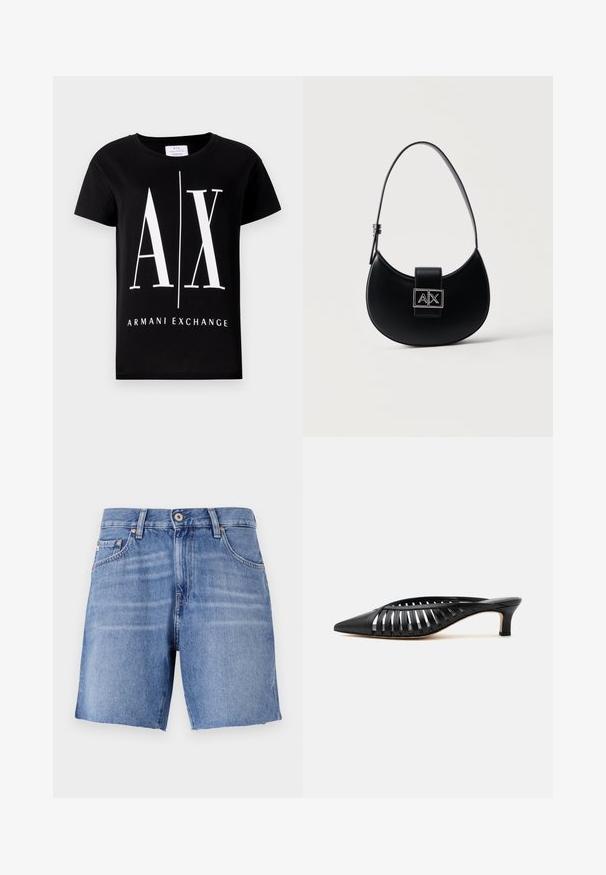 Schwarzes Baumwoll-T-Shirt mit einem großen weißen Logo "AX" und dem Schriftzug "ARMANI EXCHANGE". Klassischer Rundhalsausschnitt und kurze Ärmel.; Hellblaue Denim-Shorts mit geradem Schnitt, ausgefranstem Saum, fünf Taschen und metallischem Knopfverschluss. Der Stoff hat eine glatte Textur mit leichtem Verblassen.; Schwarze Leder-Mule mit spitzer Schuhspitze, Riemchen-Design und niedrigem Kittenheel auf weißem Hintergrund.; Schwarze, halbmondförmige Handtasche mit einem verstellbaren Trageriemen und einem silbernen A|X-Logoschloss auf der Vorderklappe.
