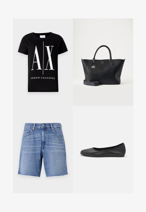 Schwarzes Baumwoll-T-Shirt mit einem großen weißen Logo "AX" und dem Schriftzug "ARMANI EXCHANGE". Klassischer Rundhalsausschnitt und kurze Ärmel.; Hellblaue Denim-Shorts mit geradem Schnitt, ausgefranstem Saum, fünf Taschen und metallischem Knopfverschluss. Der Stoff hat eine glatte Textur mit leichtem Verblassen.; Schwarze Leder-Ballettschuhe mit abgerundeter Spitze, glatter Textur, minimalen Nähdetails und einem flexiblen Sohlen-Design.; Schwarze Lederhandtasche von Armani Exchange mit zwei Henkeln, silbernem A|X-Anhänger und abnehmbarem Schulterriemen vor einfarbig hellem Hintergrund.
