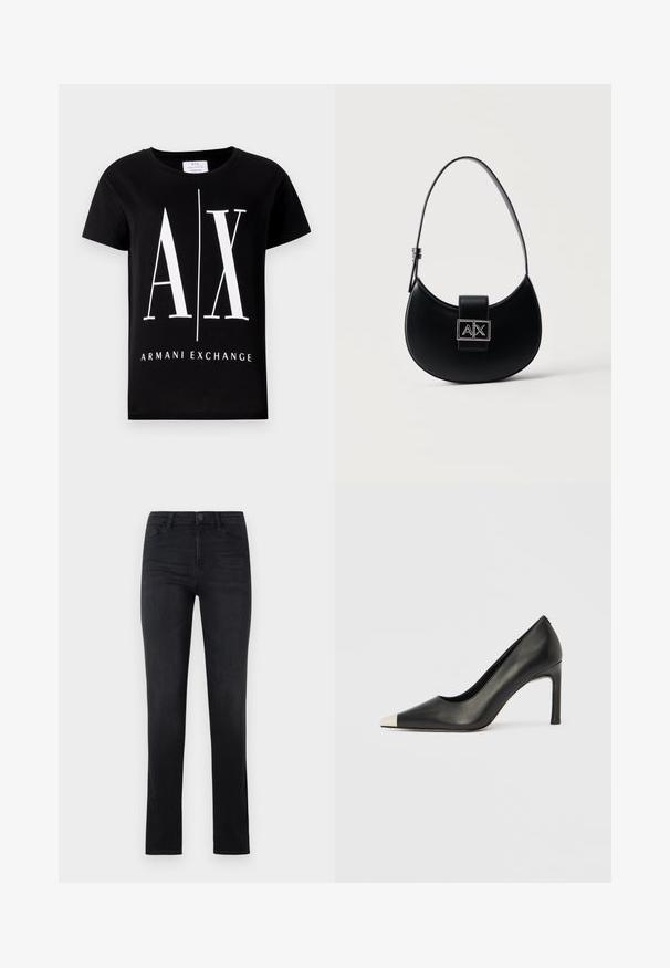 Schwarzes Baumwoll-T-Shirt mit einem großen weißen Logo "AX" und dem Schriftzug "ARMANI EXCHANGE". Klassischer Rundhalsausschnitt und kurze Ärmel.; Schwarze Jeans aus Denim, taillierte Passform, gerade Beine, fünf Taschen, Knopfverschluss und dezente Steppnähte. Glatte Textur, klassischer Stil.; Schwarzer Lederschuh mit hohem Absatz, spitz zulaufender Zehenpartie und metallischer silberner Spitze. Verfügt über eine glatte Oberfläche und einen schlanken 10 cm hohen Absatz.; Schwarze, halbmondförmige Handtasche mit einem verstellbaren Trageriemen und einem silbernen A|X-Logoschloss auf der Vorderklappe.