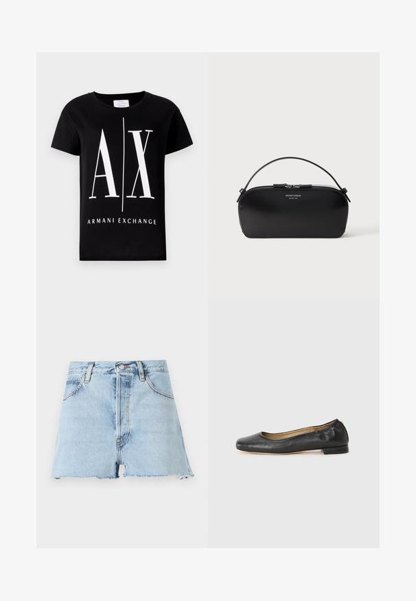 Schwarzes Baumwoll-T-Shirt mit einem großen weißen Logo "AX" und dem Schriftzug "ARMANI EXCHANGE". Klassischer Rundhalsausschnitt und kurze Ärmel.; FRAME THE DARE - Jeans Shorts - light blue; Schwarz Leder Ballerinas mit runder Zehenpartie und minimaler Naht. Niedriger, rechteckiger Absatz und glatte Textur. Dezente Innenfutterdetails.; Schwarze Leder-Armbandtasche mit silbernem Reißverschluss und kurzem Griff, geprägtes Emporio Armani Milano 1981-Logo auf der Vorderseite.