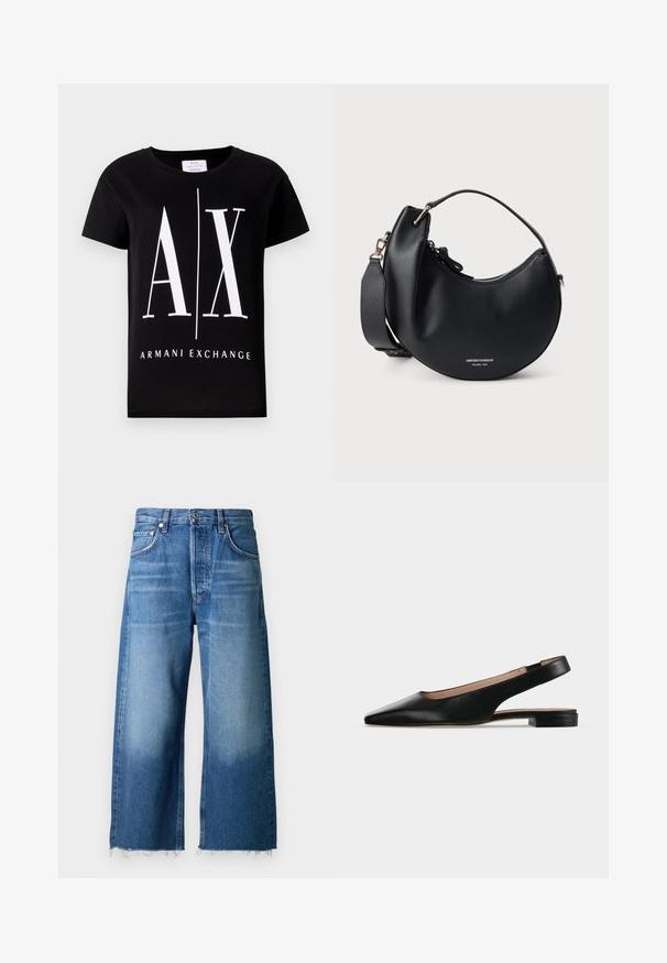 Schwarzes Baumwoll-T-Shirt mit einem großen weißen Logo "AX" und dem Schriftzug "ARMANI EXCHANGE". Klassischer Rundhalsausschnitt und kurze Ärmel.; Hellblaue Denim-Hosenträger in weit geschnittenem Stil mit fransigem Saum, ausgestattet mit fünf Taschen und einem Knopfverschluss an der Taille.; Schwarzer Lederslingback-Flachschuh mit spitzer Zehenpartie und niedrigem quadratischem Absatz auf weißem Hintergrund.; Schwarze Leder-Handtasche in Halbmondform mit Reißverschluss oben, kurzem Griff, abnehmbarem Schulterriemen und kleinem weißen Markentext auf der Vorderseite.