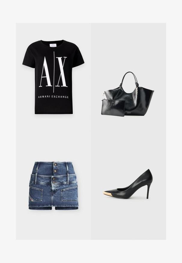 Musta puuvillapaita, jossa on suuri valkoinen logo "AX" ja "ARMANI EXCHANGE" -teksti. Klassinen pyöreä kaula-aukko ja lyhyet hihat.; Sininen korkeavyötäröinen farkkuhame, jossa etupuolella napit, vyölenkit ja kaksi suurta etutaskua yksivärisellä taustalla.; Musta nahkainen korkea korkokenkä kapealla kärjellä; siinä on metallinhohtoinen kultainen yksityiskohta varpaankärjessä. Suora pinta ja tyylikäs muotoilu.; Musta nahkainen DKNY:n olkalaukku, jossa on kaksoiskahvat, mukana sopiva litteä vetoketjutasku, molemmissa hopeiset brändäystiedot.