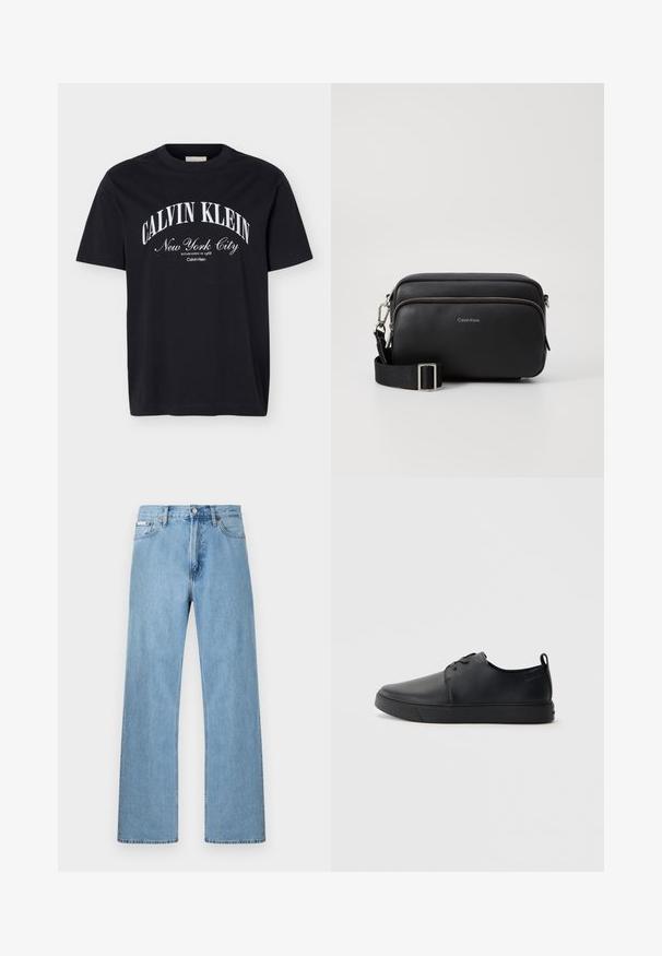 Μαύρο T-shirt με κοντά μανίκια και λευκό κείμενο "Calvin Klein New York City Established in 1968" τυπωμένο στο κέντρο εμπρός.; Ανοιχτό μπλε τζιν παντελόνι με ίσια γραμμή, πέντε τσέπες και κλείσιμο με κουμπί στη μέση, παρουσιάζεται σε απλό φόντο.; Μαύρο δερμάτινο αθλητικό παπούτσι με λεία επιφάνεια, στρογγυλή μύτη, τονικό ράψιμο, κορδόνια μπροστά και επίπεδη καουτσούκ σόλα. Βρόχος στην πτέρνα.; Μαύρη δερμάτινη τσάντα χιαστί με δύο διαμερίσματα με φερμουάρ, υφή, ρυθμιζόμενος ιμάντας και ασημί μεταλλικά στοιχεία. Το λογότυπο Calvin Klein είναι εμφανές.