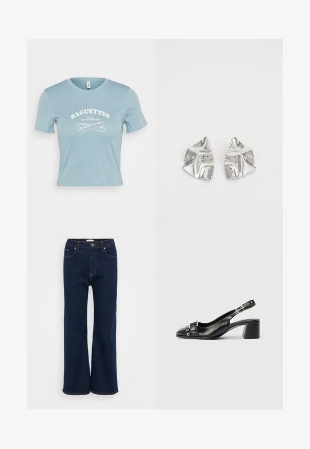 Lyseblå kortærmet T-shirt lavet af bomuld med en hvid grafisk tekst "BAGUETTES DE LA BOULANGERIE" og et krydset baguette-design.; Mørkeblå denim wide-leg jeans med lukning foran med knap og lynlås, fem lommer og kontrastsyde. Glat tekstur.; Sorte læder slingback hæl med spids tå, tekstureret rem med cirkulære metalliske accenter, og en stablet blokhæl.; Sølvmetal øreringe med et bølgende, skulpturelt design, der har en poleret overflade og uregelmæssige former, hvilket fremhæver en moderne æstetik.