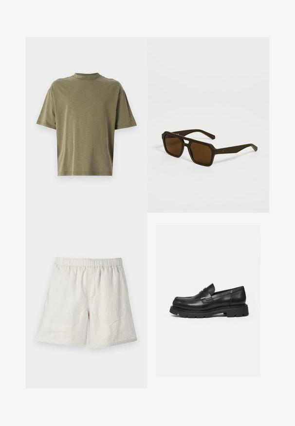Olivgrünes, kurz geschnittenes T-Shirt aus weichem Stoff mit hohem Rundhalsausschnitt und kurzen Ärmeln in lockerer Passform.; Helle beige Leinen-Shorts mit elastischem Bund, die eine lockere Passform und minimale Nähte für ein einfaches, lässiges Design bieten.; Schwarzer Lederloafer mit dicker, profilierter Sohle und Pennyriemen-Detail, von der rechten Seitenansicht auf weißem Hintergrund gezeigt.; Dunkelbraune quadratische Sonnenbrille mit dicken Rahmen und leicht schrägen Bügeln, die auf einer hellgrauen Oberfläche liegen.