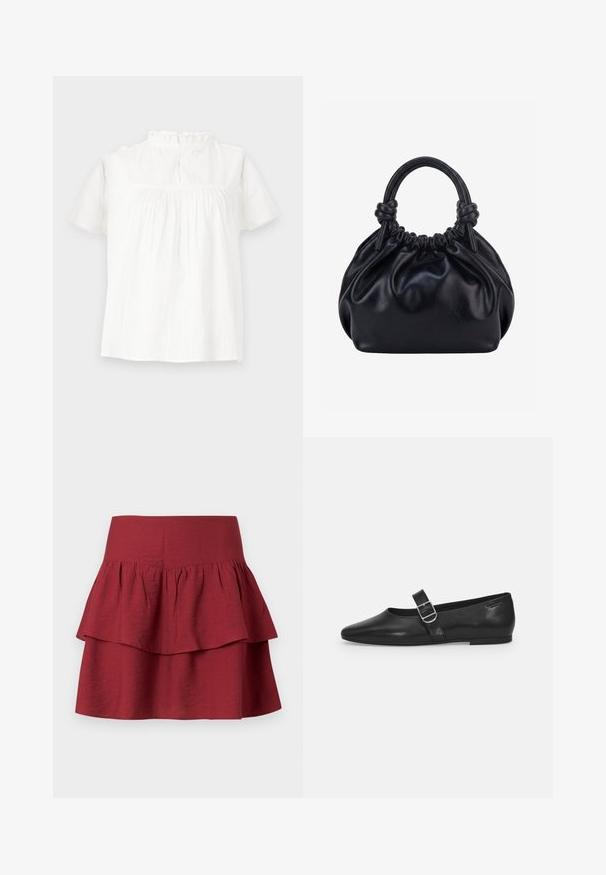 Blouse blanche à manches courtes avec un col froncé, une texture subtile et une coupe décontractée. La fermeture au dos présente un détail de boucle et de bouton.; Jupe tiered en bourgogne profond, dotée d'une large taille, de volants structurés sur les différentes couches et d'un tissu doux et texturé.; Chaussure plate en cuir noir avec un bout arrondi, une seule sangle réglable à boucle et une texture lisse et brillante. Design minimaliste avec un petit talon.; Sac à main en cuir noir souple avec le dessus froncé et deux grosses poignées nouées sur un fond uni clair.