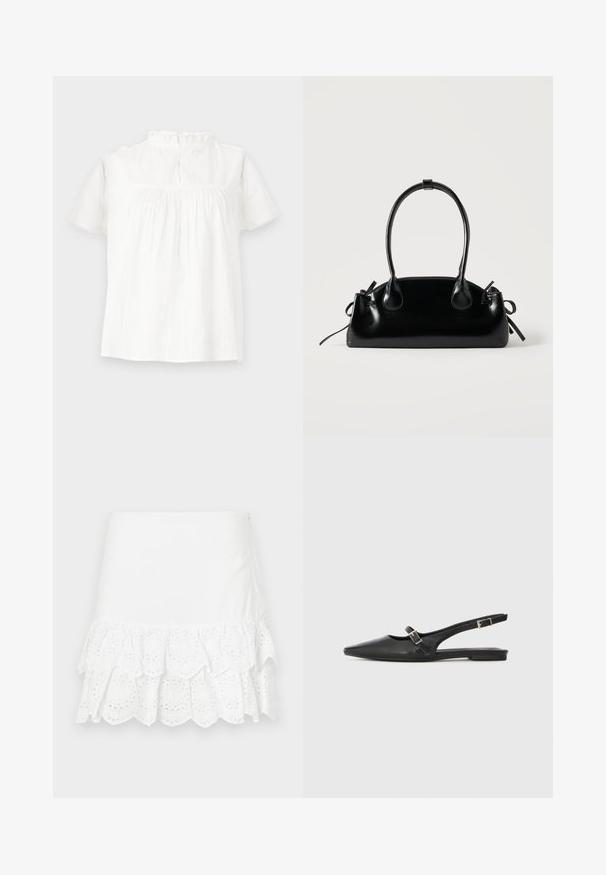Blouse blanche à manches courtes avec un col froncé, une texture subtile et une coupe décontractée. La fermeture au dos présente un détail de boucle et de bouton.; Jupe en coton blanc présentant un design à volants superposés avec broderie à œillets au bas. Texture lisse, longueur au-dessus du genou.; Chaussures slingback en cuir noir avec un bout pointu, comprenant une lanière étroite et un accent de boucle argentée sur le côté. Semelle plate.; Petit sac à main noir brillant avec deux longues anses et des détails à cordon sur les côtés sur un fond clair uni.