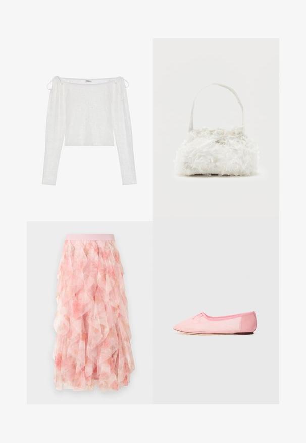 Top blanco tipo off-the-shoulder con mangas largas, confeccionado en tela texturizada, presenta cierres tipo lazo en las mangas y un dobladillo recto.; Falda midi de tul en capas rosa con patrón floral y cintura elástica, con texturas suaves y volantes.; Bailarina rosa hecha de tejido suave, con punta afilada y un pequeño lazo en la parte superior, además de una suela baja y flexible.; Pequeño bolso blanco con rosas de tela que cubren su cuerpo y una delgada correa única como asa, sobre un fondo liso.