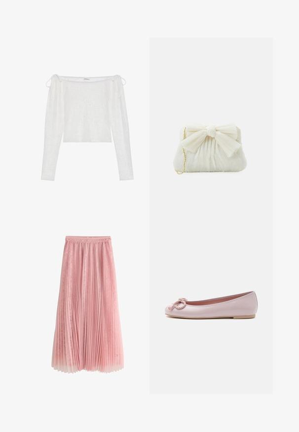 Hvid off-the-shoulder top med lange ærmer, lavet af tekstureret stof, har bindebånd på ærmerne og en lige nederste kant.; Rosa plisseret midi-nederdel med et lag af blonder under og en rynket talje, vist på en hvid baggrund.; Lyserød lakballerina med rundet tå, snoet snøre sløjfe foran og lav beige sål på hvid baggrund.; Hvid plisseret clutch-taske med en fremtrædende sløjfedetalje og en guldkædetras. Blød tekstur med et samlet design på forsiden.