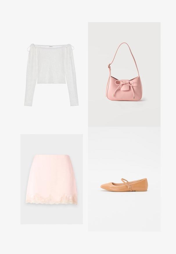 Hvid off-the-shoulder top med lange ærmer, lavet af tekstureret stof, har bindebånd på ærmerne og en lige nederste kant.; Lyserød mininederdel med bølget blondekant ved kanten, glat stof og rent, enkelt design mod en ensfarvet baggrund.; Nude læder balletklip med spids tå, udvendig rem og rund hardwaredetalje. Glat tekstur og minimalistisk design.; Lille skuldertaske i pastel lyserød med justerbar strop og frontsløjfe med guldspidsdetaljer på ensfarvet baggrund.