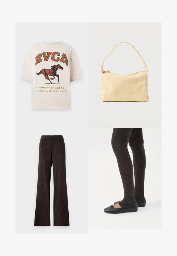 T-shirt beige à manches courtes avec le texte "RVCA", un graphisme de cheval au galop, et les phrases « De beaux jours à venir ! Faites la différence » en lettres dorées.; Pantalons à large jambe marron en tissu doux et texturé. Les caractéristiques incluent une fermeture à bouton et deux poches avant.; Jambes portant des leggings côtelés foncés associés à des ballerines noires avec de petits détails en nœud sur fond blanc.; Petit sac à main en cuir beige avec une seule bandoulière et des clous argentés le long des bords et de la bandoulière, posé sur un fond uni.