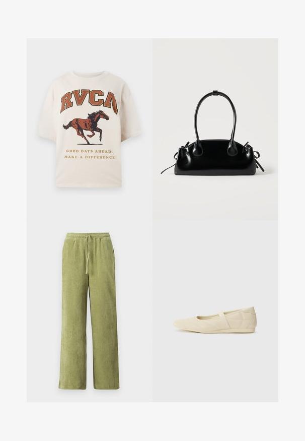 T-shirt beige à manches courtes avec le texte "RVCA", un graphisme de cheval au galop, et les phrases « De beaux jours à venir ! Faites la différence » en lettres dorées.; Pantalon en velours côtelé vert avec une coupe à jambes larges, taille élastique et détail de cordon de serrage. Les côtes verticales du tissu créent une texture.; Ballerines beiges avec une exterior en cuir lisse, un bout en forme d'amande et une sangle élastique sur le coup de pied, avec des détails de couture subtils.; Petit sac à main noir brillant avec deux longues anses et des détails à cordon sur les côtés sur un fond clair uni.