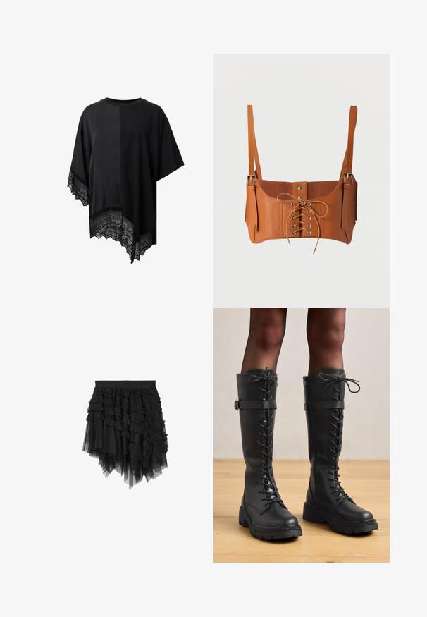Haut noir à manches courtes avec un ourlet asymétrique et une bordure en dentelle en bas. Fabriqué en tissu léger avec une texture lisse.; Jupe noire asymétrique en tulle à couches multiples avec plusieurs volants superposés et une taille élastique ornée d'un texte de marque en relief.; Bottes montantes en cuir noir, à lacets, avec un design jusqu'au genou, bout rond, semelle épaisse et texturée, et détail décoratif de courroie latérale et quincaillerie.; Bustier court en cuir marron avec laçage devant, œillets argentés, boutons-pression et bretelles réglables avec boucles métalliques.