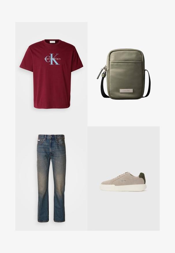 Burgundská bavlnená tričko s veľkým bielym a modrým logom "CK" a textom "Calvin Klein", štandardný strih, krátke rukávy a okrúhly výstrih.; Džínsy s vysokým pásom v modrej farbe, vyrobené z denimového materiálu, s rovnými nohavicami, s bledými poškodenými miestami a tradičným štýlom piatich vreciek.; Béžové semišové tenisky s bielou gumovou podrážkou, zdobené tmavozeleným akcentom na päte a jemným brandingom na boku.; Kompaktná olivovo zelená kabelka cez rameno s predným vreckom, čiernym nastaviteľným popruhom, zapínaním na zips a menovkou s logom Calvin Klein.