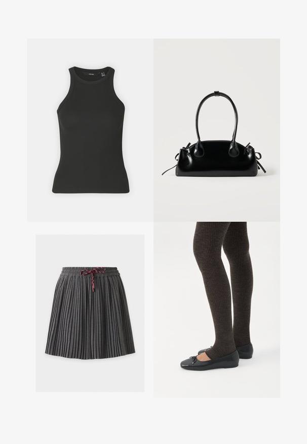 Top negro de canalé con escote alto y diseño sin mangas. Presenta una silueta ajustada y una textura suave.; Falda plisada gris oscuro con cintura elástica y cordón granate atado en el centro delantero.; Piernas con leggings oscuros acanalados combinados con bailarinas negras que presentan pequeños detalles de lazo sobre un fondo blanco.; Pequeño bolso negro brillante con dos asas largas y detalles de cordón lateral sobre un fondo claro liso.