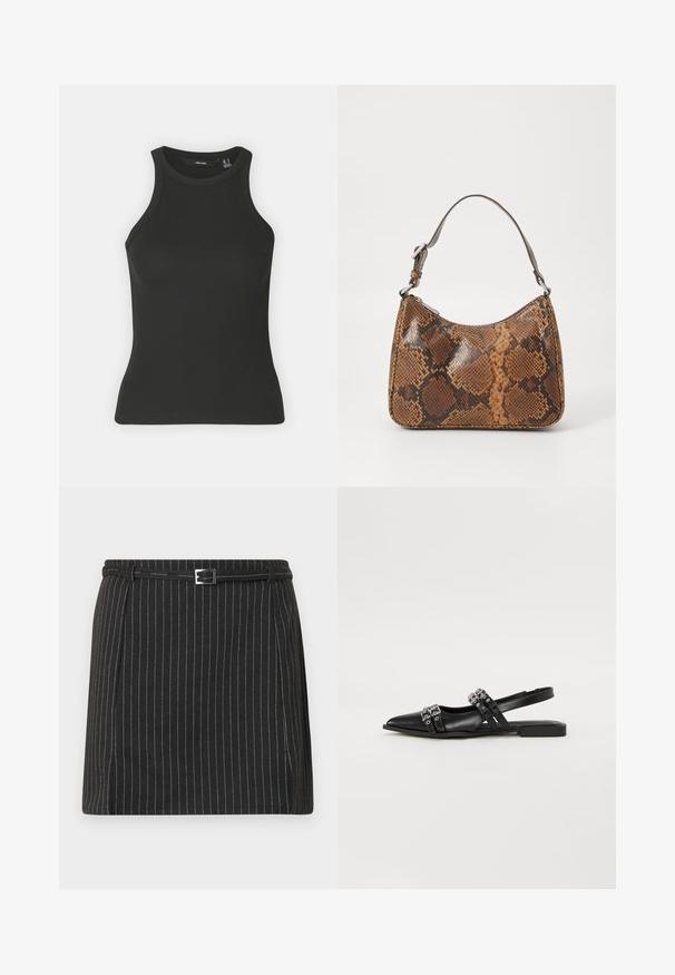 Top negro de canalé con escote alto y diseño sin mangas. Presenta una silueta ajustada y una textura suave.; Minifalda negra con rayas verticales blancas, con un cinturón delgado con una hebilla rectangular plateada en la cintura.; Even&Odd by Zalando Bailarinas con tira trasera - black; Pequeño bolso de mano con un patrón de piel de serpiente marrón y negro, correa corta ajustable y cierre de cremallera.