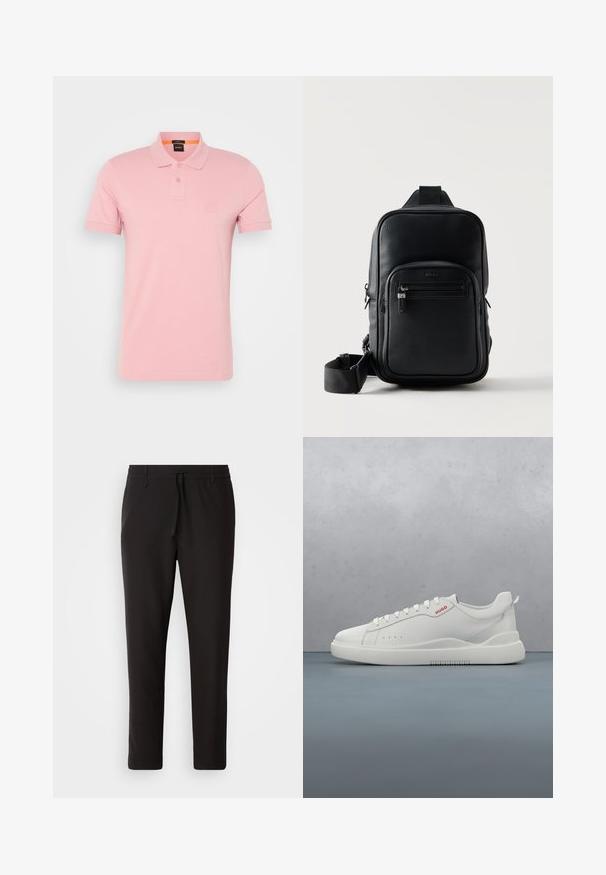 Roze polo shirt van katoen, met een omgeslagen kraag, twee knoopsluitingen en een subtiele logo op de borst. Korte mouwen.; Zwarte joggingsbroek van gladde stof. Kenmerkt zich door een elastische tailleband met een trekkoord, taps toelopende benen en geen zichtbare zakken. Eenvoudig ontwerp.; Witte sneaker met een gladde leren afwerking, ronde neus, vier veterogen, subtiele perforaties en een rood logo detail aan de zijkant.; Zwarte, gestructureerde leren crossbodytas met voorvak met rits, verstelbare band en subtiel merklogo op een witte achtergrond.