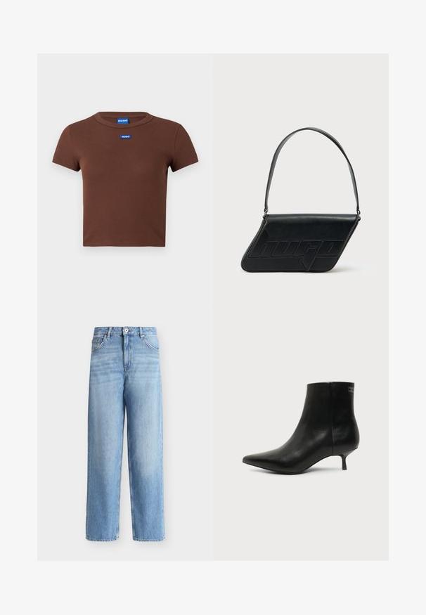 T-shirt marron à manches courtes côtelées, avec encolure arrondie et deux étiquettes de logo bleues sur la poitrine. Texture douce, coupe ajustée.; Jean bleu clair taille haute à jambes droites avec fermeture avant à boutons et zip, passants de ceinture et poches avant sur fond blanc.; Bottine en cuir noir avec bout pointu et petit talon kitten sur fond clair, vue côté extérieur.; Sac d'épaule en cuir noir de forme triangulaire, avec un logo embossé et une seule bandoulière réglable. Design minimaliste avec une texture lisse.