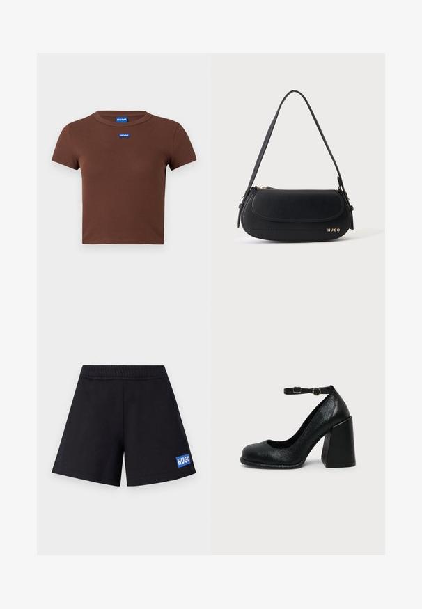 T-shirt marron à manches courtes côtelées, avec encolure arrondie et deux étiquettes de logo bleues sur la poitrine. Texture douce, coupe ajustée.; Shorts noirs à coupe décontractée, avec une taille élastique et un logo "HUGO" bleu sur la cuisse gauche ; fabriqués à partir d'un matériau doux et respirant.; Chaussure à talon haut en cuir noir avec bout arrondi et bride de cheville réglable avec boucle dorée sur fond uni clair.; Sac à épaule en cuir noir avec rabat incurvé, logo doré "HUGO" sur le devant, et une bandoulière réglable.
