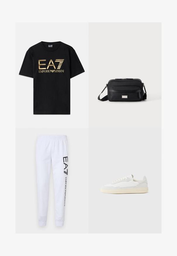 Čierne bavlnené tričko s krátkymi rukávmi, s potlačou zlatého loga "EA7 EMPORIO ARMANI" na prednej strane. Jednoduchý dizajn, okrúhly výstrih.; Biele teplákové nohavice vyrobené z jemnej látky, s čiernymi potlačami loga "EA7" a "Emporio Armani" pozdĺž ľavej nohy, s elastickým pásom a manžetami.; Biela teniska s jemne štruktúrovaným zvrškom zo semišu a kože. Má zaoblenú špičku, viazanie na šnúrky a kontrastnú béžovú gumovú podrážku.; Čierna obdĺžniková crossbody kabelka s predným vreckom na zips, nastaviteľným popruhom a striebornou obdĺžnikovou logovo platničkou na jednofarebnom pozadí.